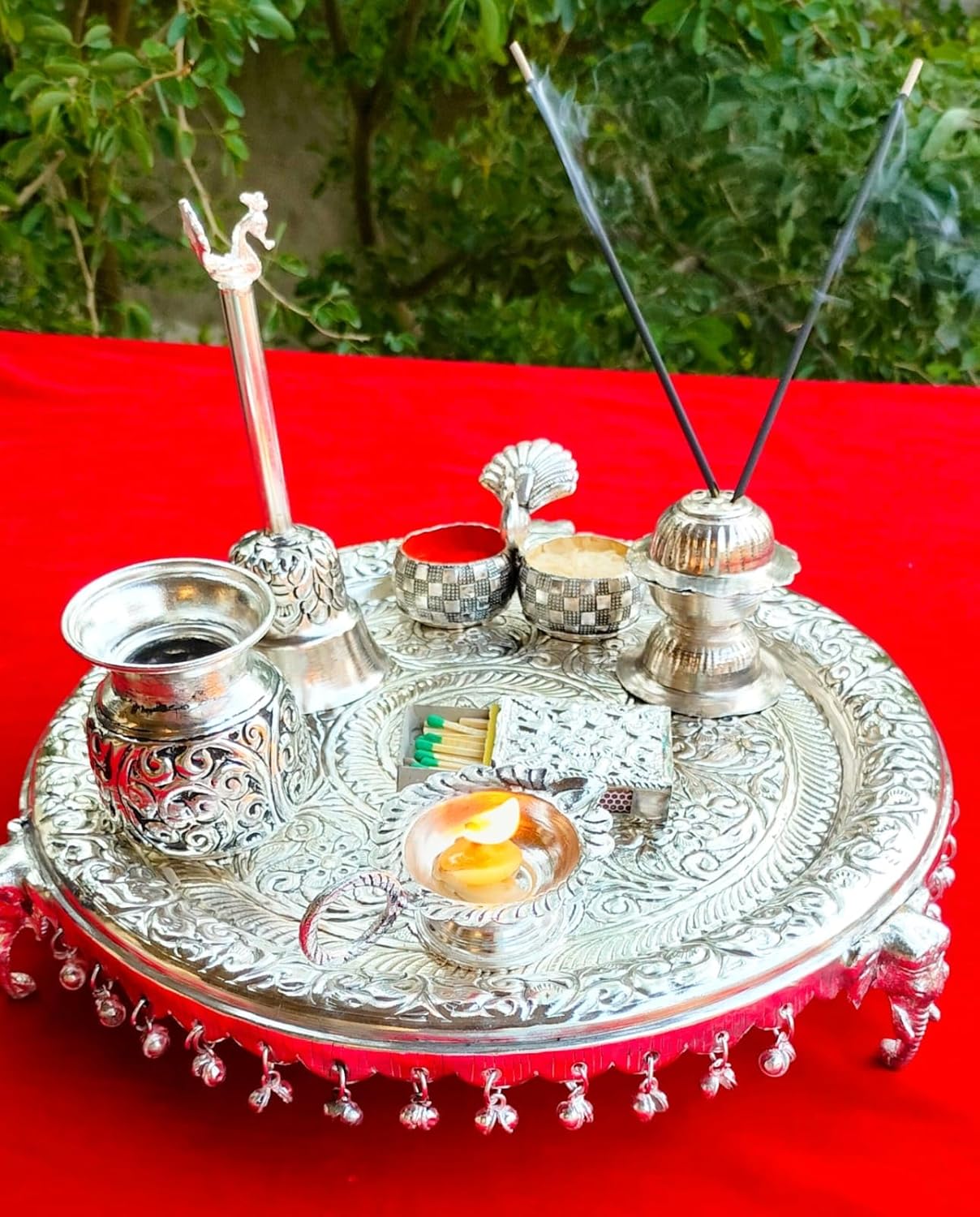 German Silver Elephant Trunk Pooja Set of 7 Pieces Set